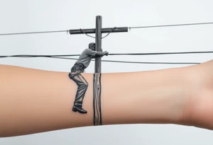 power lineman climbing a wooden 12kv pole. Make the pole a cross that has a hidden resemblance to god. tattoo idea