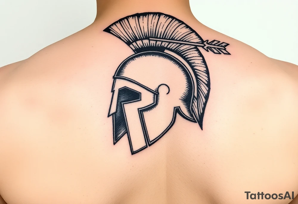 American traditional tattoo of a spartan helmet with an arrow going through it from the top of the helmet tattoo idea