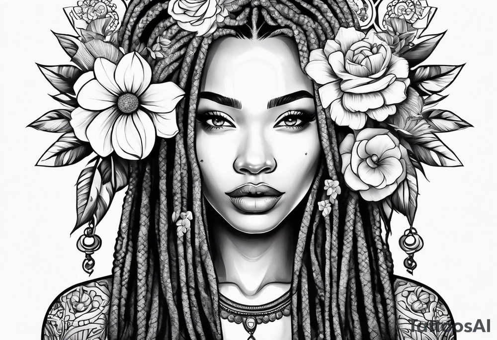 Woman with dreadlocks and flowers in mandala tattoo idea