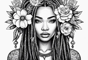 Woman with dreadlocks and flowers in mandala tattoo idea