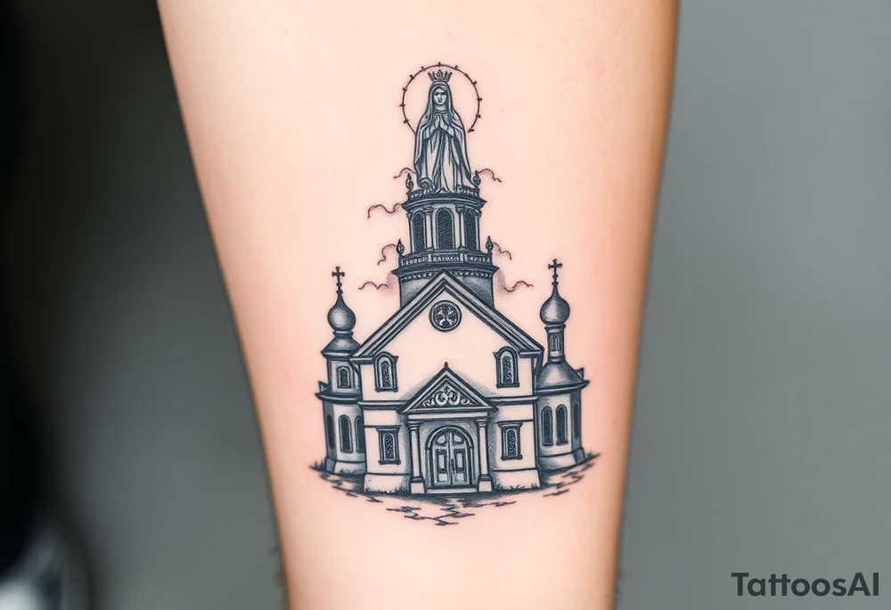 in a dorsal view a detailed orthodox church shrouded with a mist above and fading into a virgin mary overlooking above at the top tattoo idea