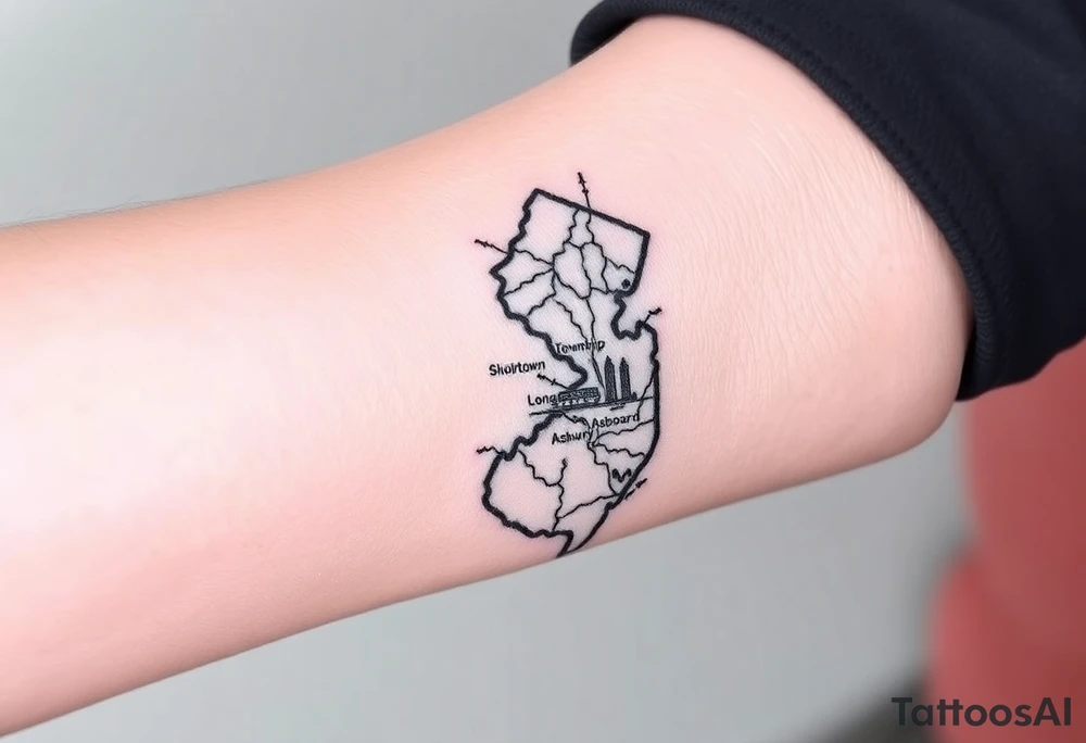 NJ shore map with Middletown Township, Long Branch, Asbury Park and Oakhurst tagged in tattoo idea