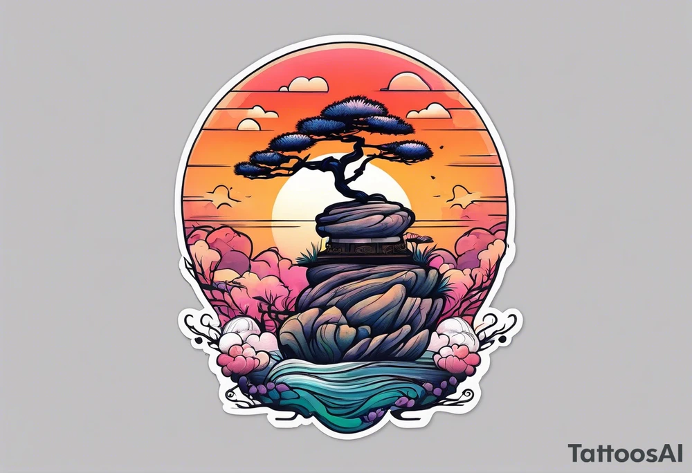 Sunset and little down bonsai trees tattoo idea