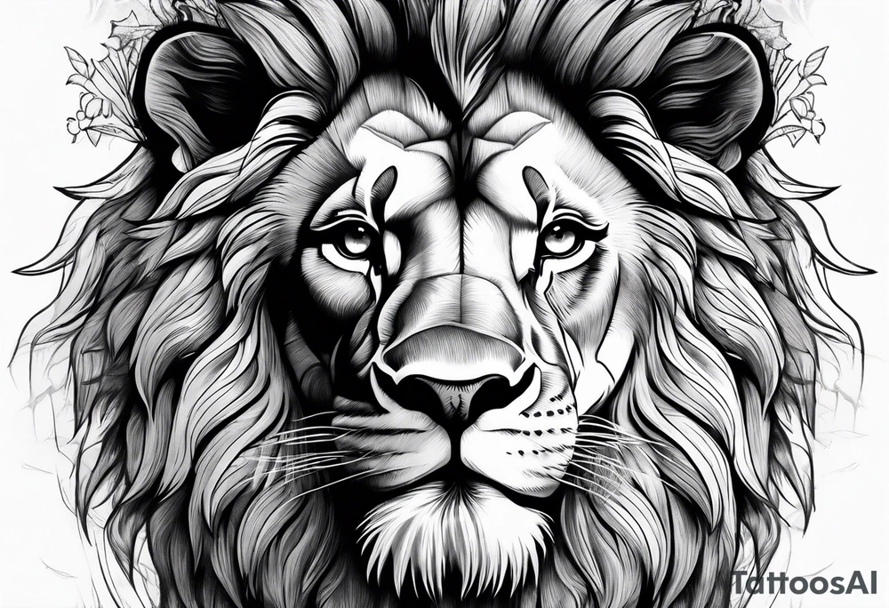 Front facing Powerful lion up close with nature in background tattoo idea
