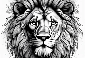 Front facing Powerful lion up close with nature in background tattoo idea