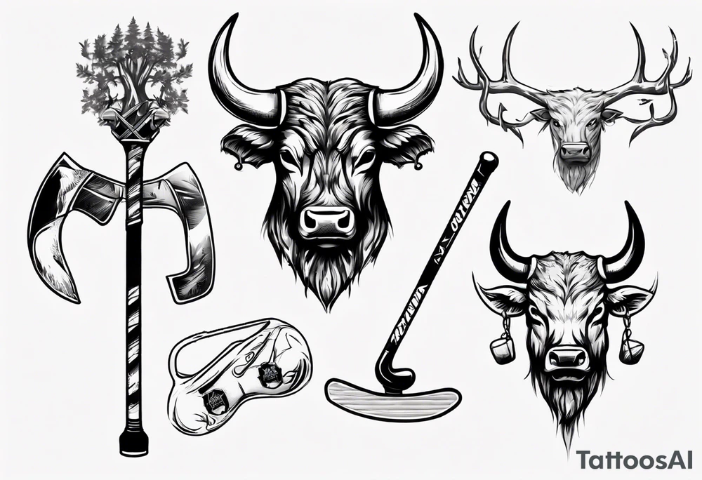 A design that includes a bull head trees and a hockey stick tattoo idea