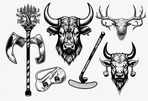 A design that includes a bull head trees and a hockey stick tattoo idea