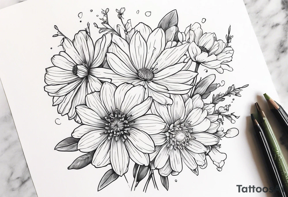 Narcissus, Chrysanthemum, Cosmos, snow drop that shows all the flower stems for the back of the arm. All in one bouquet. Fine line tattoo idea