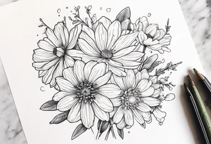 Narcissus, Chrysanthemum, Cosmos, snow drop that shows all the flower stems for the back of the arm. All in one bouquet. Fine line tattoo idea