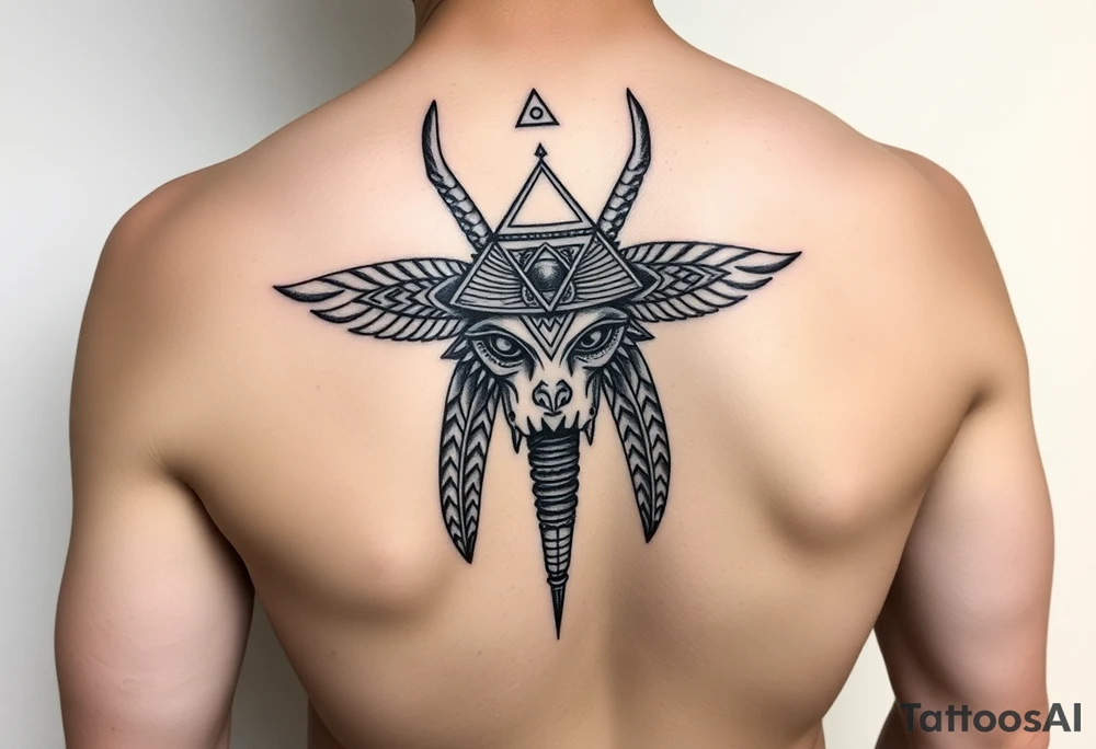 "Anubis as gold ufo 3 eyes

Style: sacral geometry blackwork. Thigh/calf placement." tattoo idea