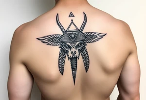 "Anubis as gold ufo 3 eyes

Style: sacral geometry blackwork. Thigh/calf placement." tattoo idea
