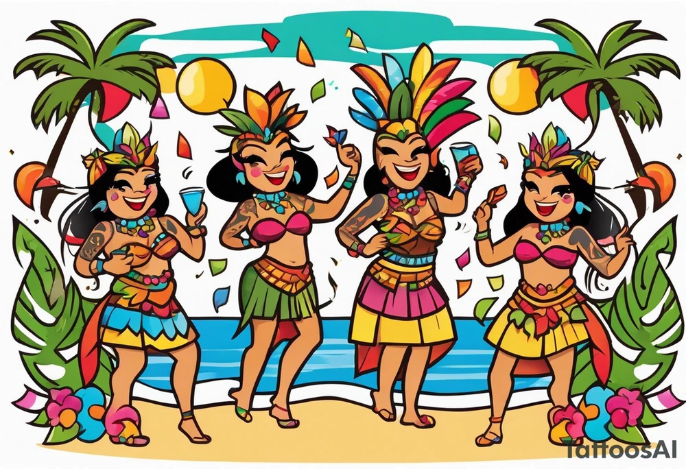 hulu tiki party with dancing tiki guys and sexy tiki girls on a beach with music notes and confetti around a blank space in the middle tattoo idea