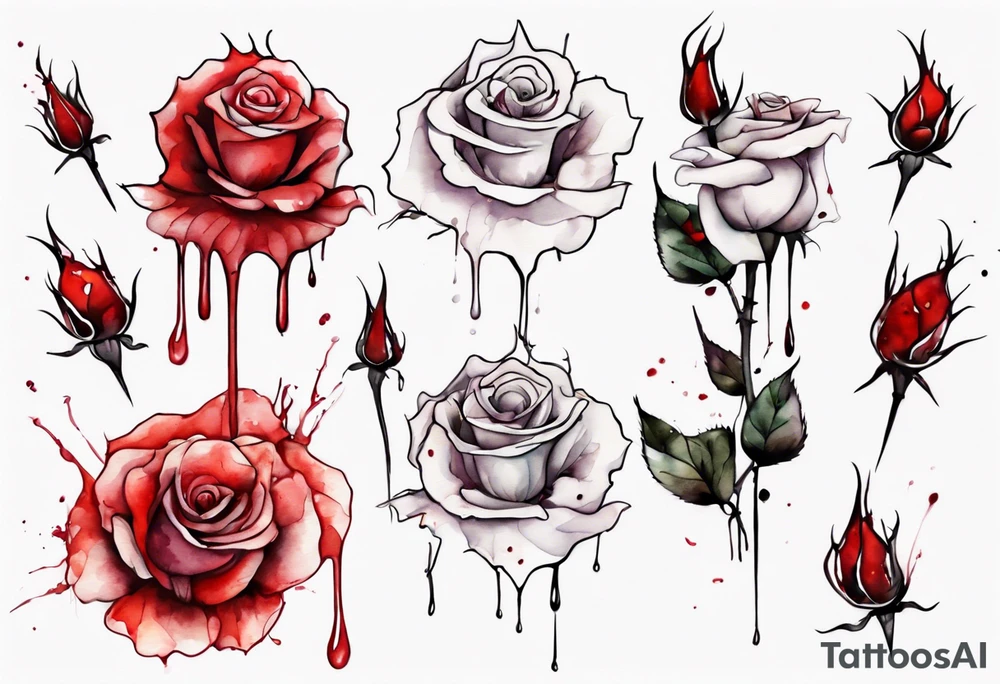 rose flower, one line, red blood dripping from the flower, tall, watercolor tattoo idea