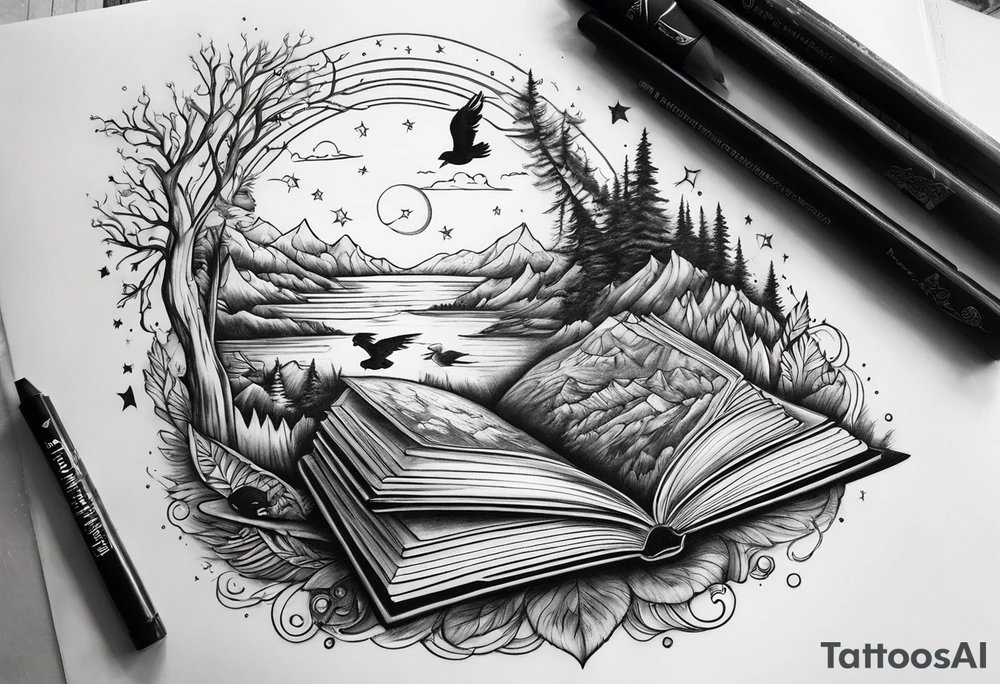Northern lights with Pennywise and birds and books tattoo idea
