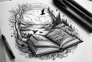 Northern lights with Pennywise and birds and books tattoo idea