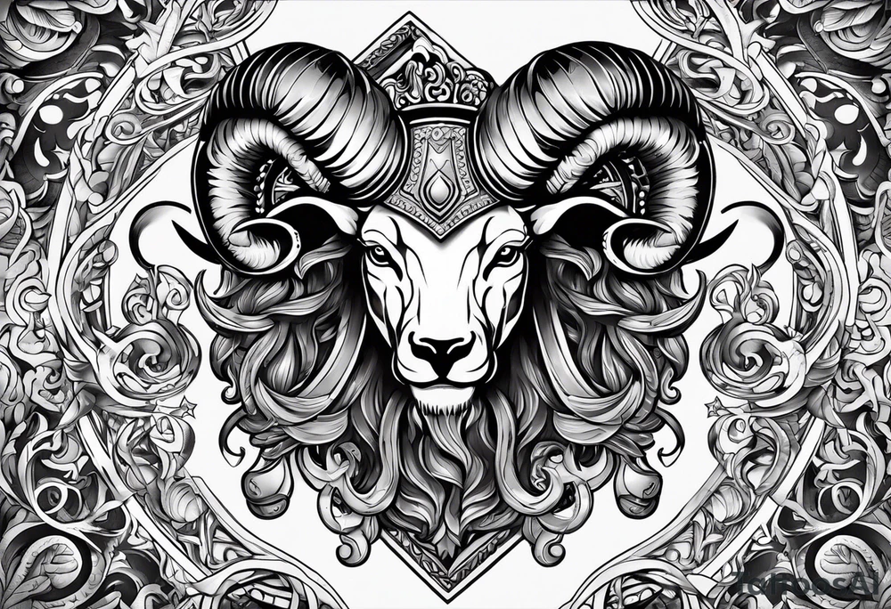 tattoo design containing the following objects: tattoo design containing the following subjects: ram's horns, warrior figure, angel tattoo idea