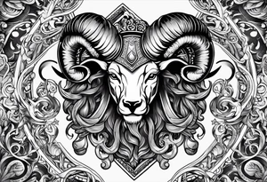 tattoo design containing the following objects: tattoo design containing the following subjects: ram's horns, warrior figure, angel tattoo idea