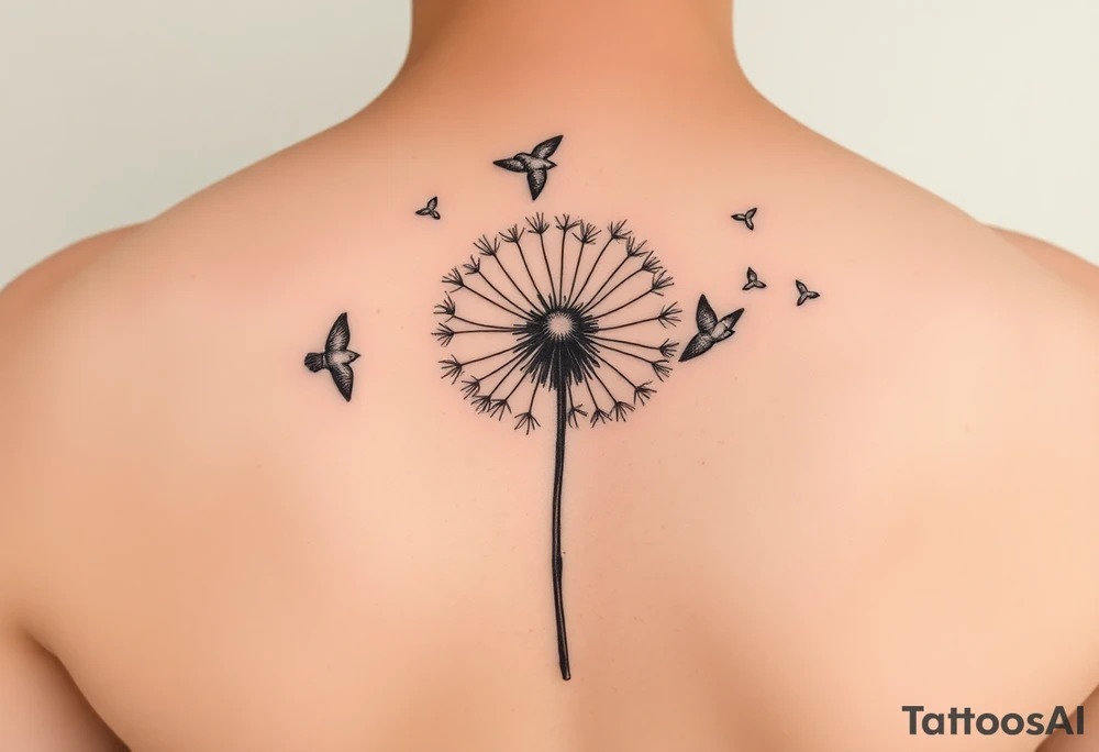 Dandelion tattoo representing motherhood, blowing in the wind giving myself to the next generation. Five birds for my children and two white birds for the children I lost. Whimsical and fine line. tattoo idea