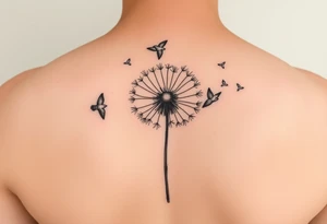 Dandelion tattoo representing motherhood, blowing in the wind giving myself to the next generation. Five birds for my children and two white birds for the children I lost. Whimsical and fine line. tattoo idea