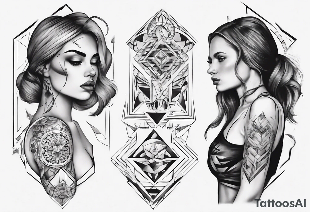 shoulder to elbow tattoo, with beautiful women and geometric tattoo idea