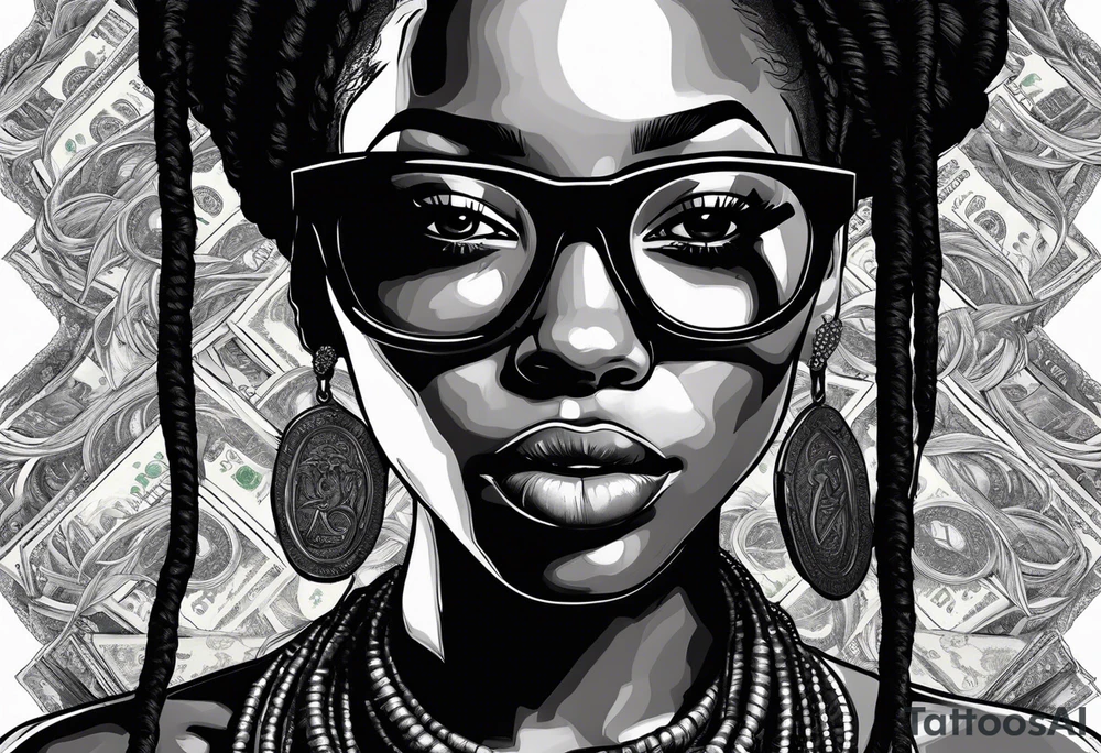 african woamn with dread locks and un glasses with money in her mouth tattoo idea