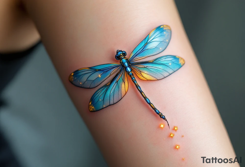 A highly detailed dragonfly with translucent wings in shades of blue, teal, and silver, catching the light with a subtle iridescent shimmer. Its body is adorned with fine gold detailing, and a trail of tiny glowing stars follows its flight, symbolizing change and resilience. tattoo idea