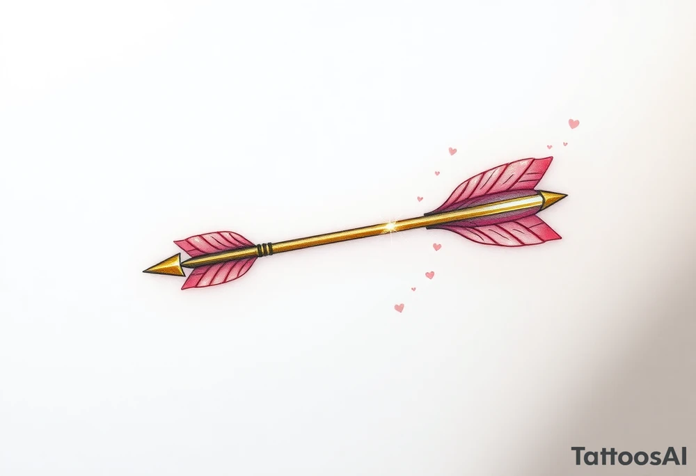 A sleek golden arrow with an intricately carved runic inscription along the shaft, symbolizing a fated love. The arrow’s feathered fletching is detailed with soft pink and red hues, while the arrowhead glows with a subtle silver light, representing destiny. Surrounding the arrow are tiny floating hearts and sparkles, creating a mystical aura of passion and devotion. The design gives the impression of the arrow mid-flight, striking straight into the heart of love. tattoo idea