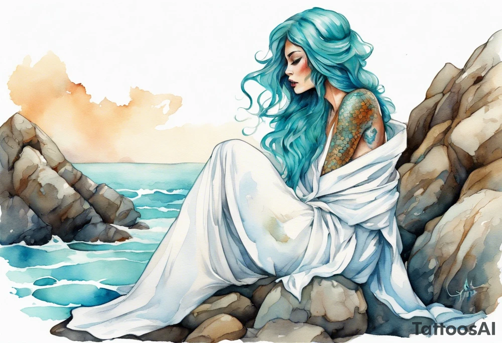 An undine with turquois scales wearing a white robe, sitting on rocks by the ocean tattoo idea