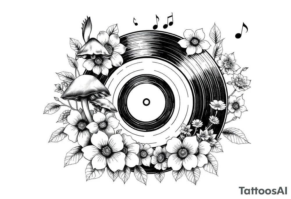vinyl record surrounded by flowers, mushrooms, and music notes tattoo idea