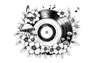 vinyl record surrounded by flowers, mushrooms, and music notes tattoo idea