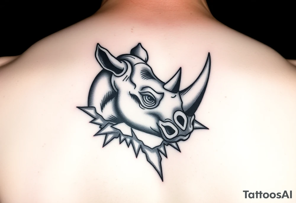 3D rhino half head pertruding thru left calf with jagged boarder appearing to be ripping thru my skin tattoo idea