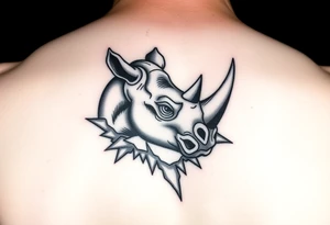3D rhino half head pertruding thru left calf with jagged boarder appearing to be ripping thru my skin tattoo idea