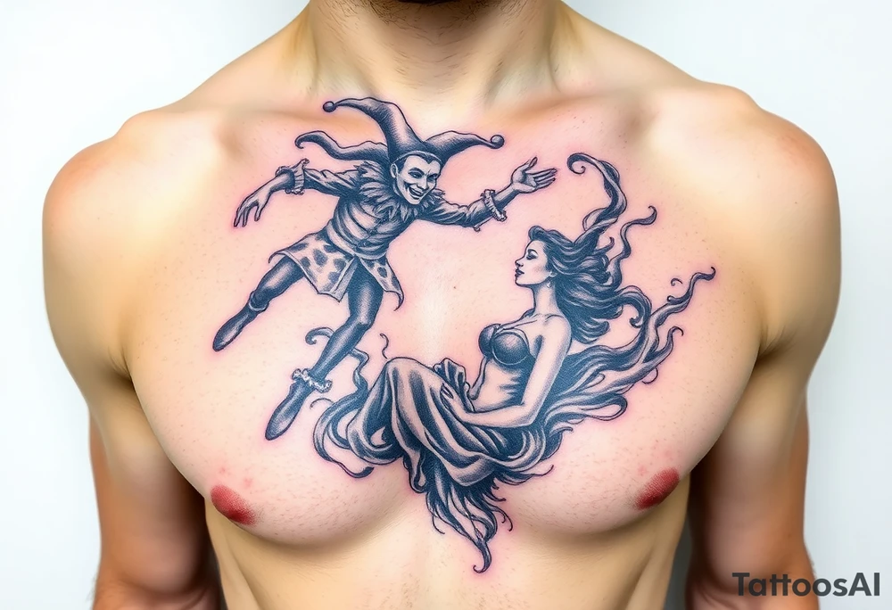 jester hovering over woman in smoke tattoo idea