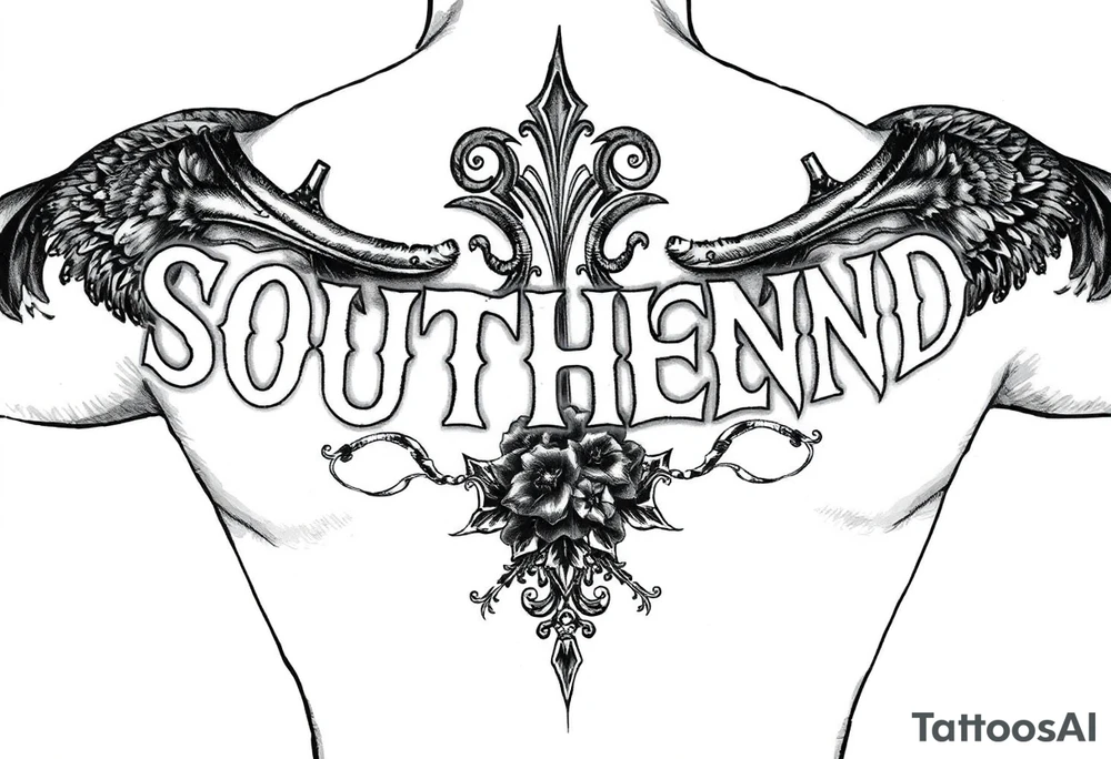“SOUTHEND” upper back from shoulder blade to shoulder blade with mexican theme tattoo idea