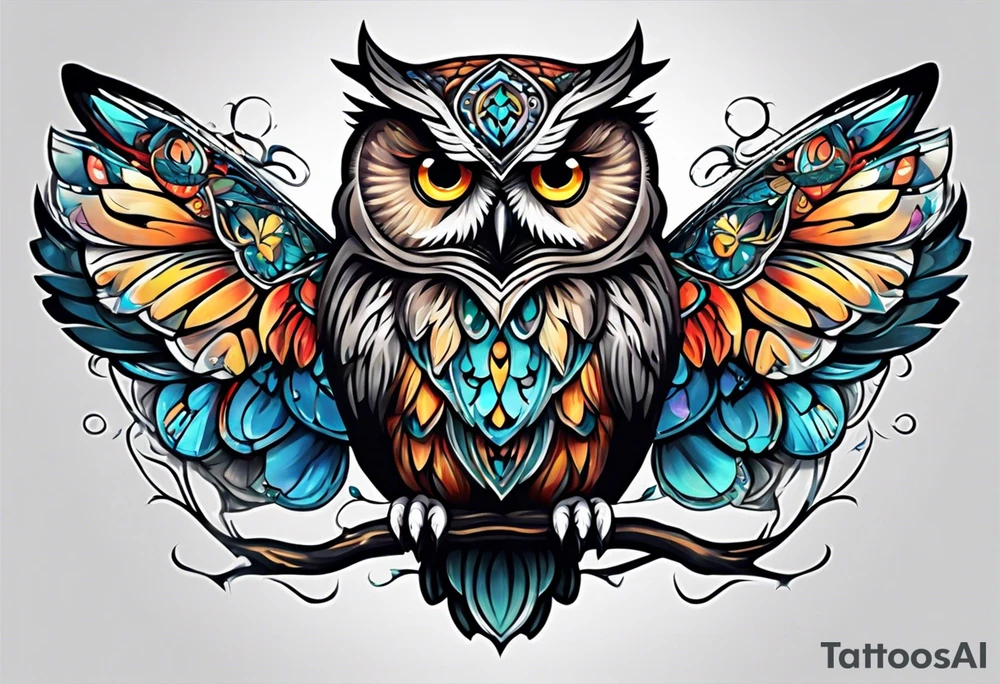 Owl with butterfly body tattoo idea