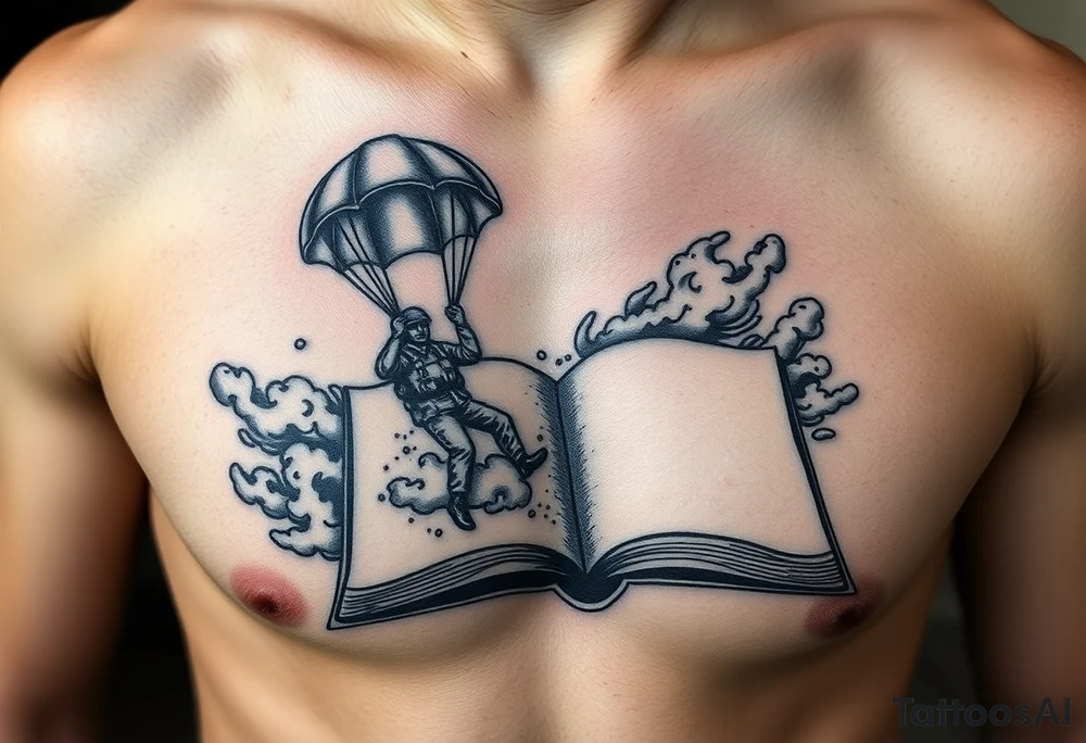 A parachuting soldier falling into an open book. Chaos surrounding, but the book is protecting the soldier from it. On the chest. Make the tattoo smaller. Make it thought provoking. Make the chaos in the environment be an eerie mist. Make the pages in the book be blank. Just one soldier, no other characters. the book is old. tattoo idea
