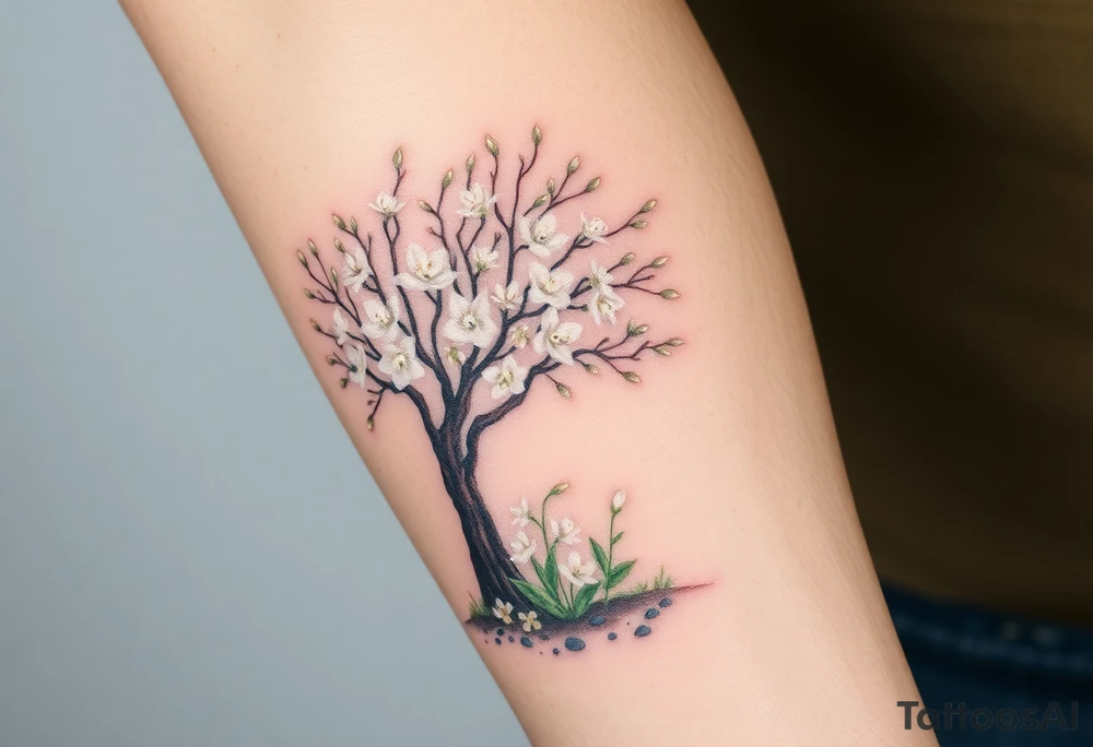 flowering hawthorn tree with white lilly of the vally plants on ground tattoo idea