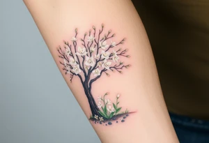flowering hawthorn tree with white lilly of the vally plants on ground tattoo idea