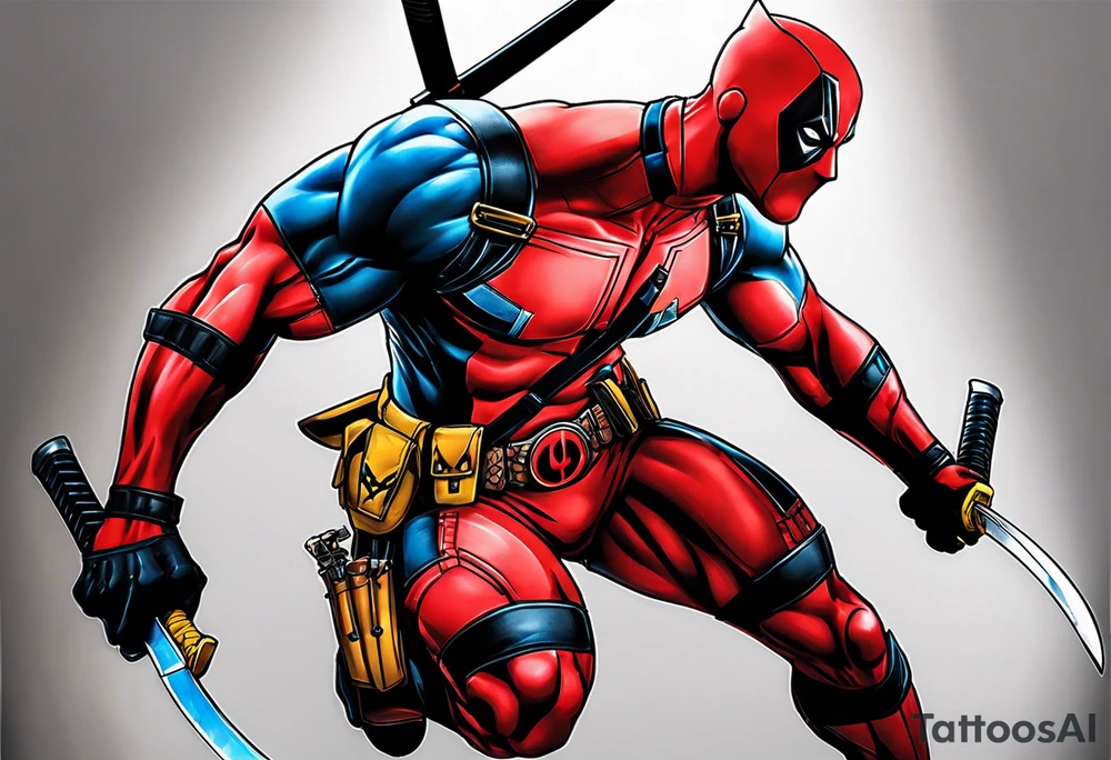 The tattoo features Deadpool and Wolverine in a highly realistic style. Deadpool, dressed in his detailed red and black costume, stands in a combat-ready pose, his katanas brilliantly rendered in hand. Beside him, Wolverine showcases his imposing musculature in his yellow and blue costume, with his adamantium claws extended and gleaming. Their expressions, one mischievous and the other fierce, are captured with precision, highlighting their distinct personalities. The scene focuses solely on the characters, with a minimalistic background to emphasize their dynamic and powerful presence. tattoo idea