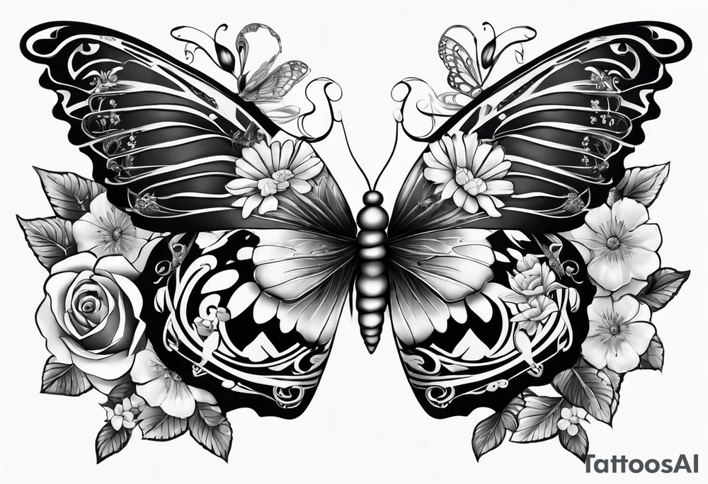 Sexy Skelton  sleeve with butterflies and flowers tattoo idea