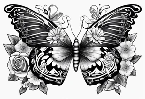 Sexy Skelton  sleeve with butterflies and flowers tattoo idea