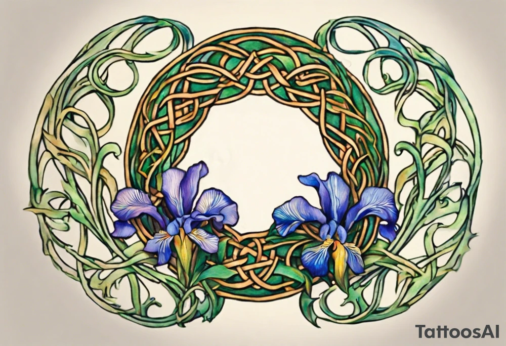 Create a small, colorful Vincent van Gogh Irises tattoo in the form of a crescent, with vines in Celtic knot style gracefully intertwining at a central point in the middle of the wreath. The intended placement is on the upper chest. The middle needs mountains. The overall design should be small in size while maintaining a delicate and artistic aesthetic. Pay attention to the graceful flow of the vines and the placement of the irises to achieve a refined and elegant look. tattoo idea