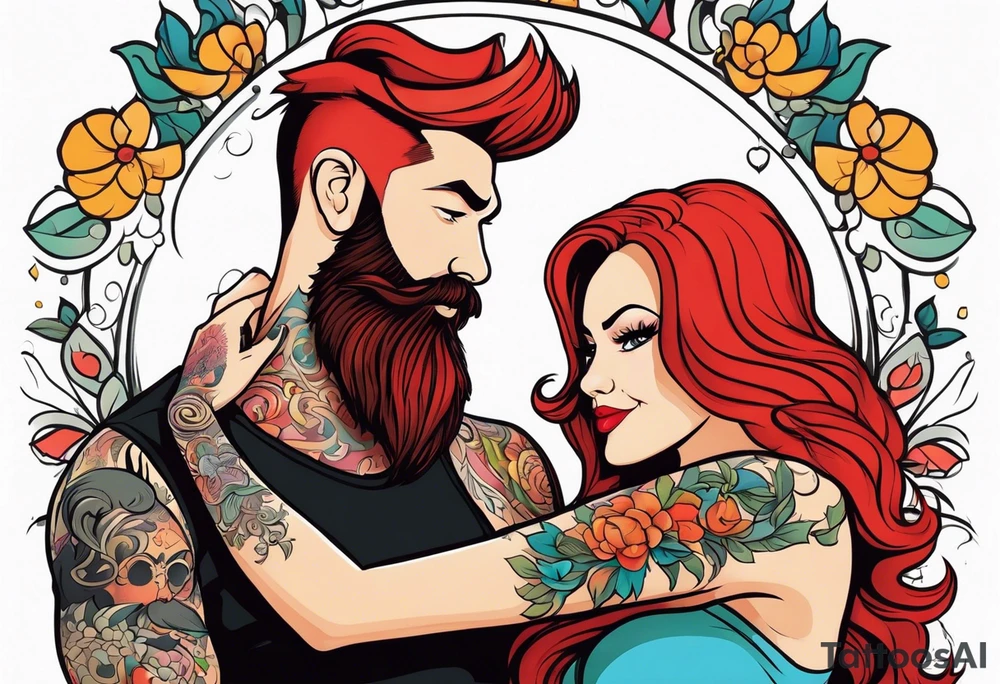 Busty red haired woman with a bearded man who has black hair tattoo idea