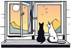 dog and cat looking out tall thin window together tattoo idea