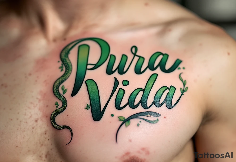 Flowy script “Pura Vida” entwined with a snake in muted forest green and desert sand hues. tattoo idea