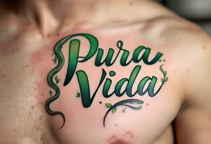 Flowy script “Pura Vida” entwined with a snake in muted forest green and desert sand hues. tattoo idea