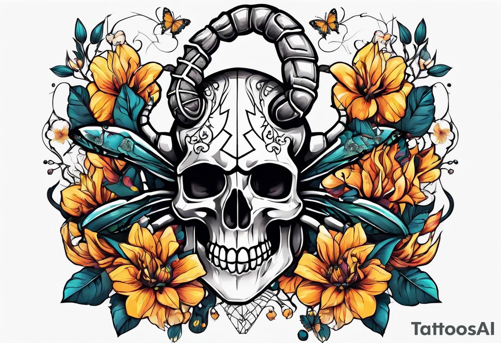 Large scorpion with skulls, flowers, and butterflies tattoo idea