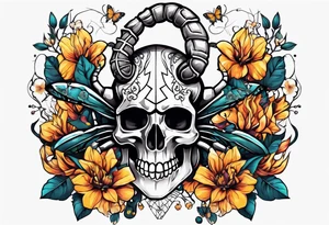 Large scorpion with skulls, flowers, and butterflies tattoo idea