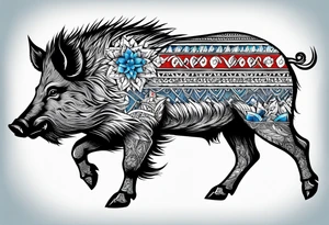 Wild boar that is blue with 3 red crosses tattoo idea