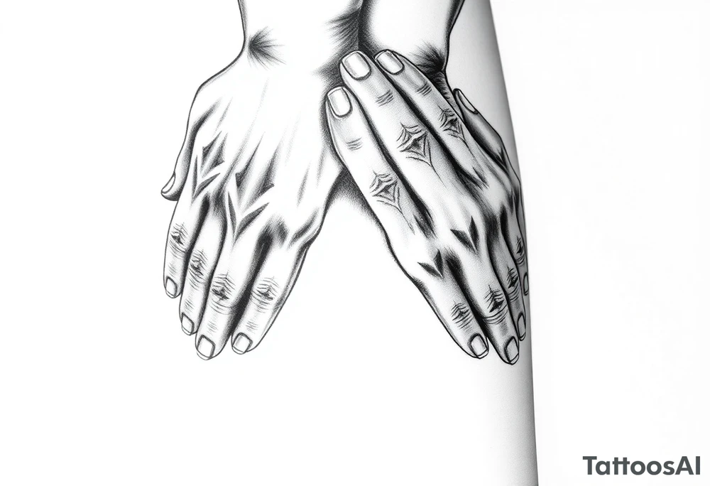 Prayer hands with Last Name Obando on calf tattoo idea